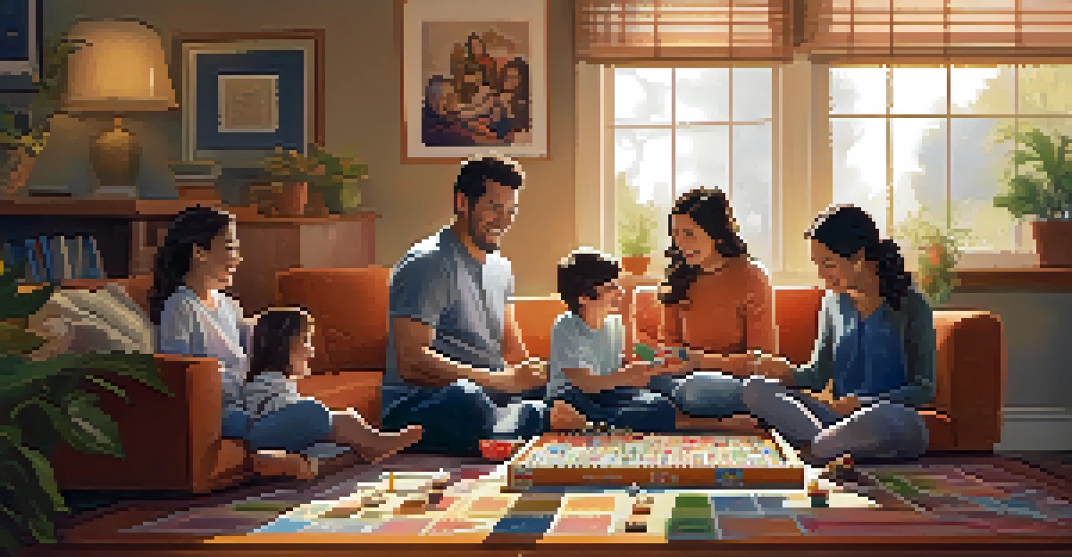 A family enjoying a board game in a cozy living room, filled with laughter and warmth, surrounded by family photos.