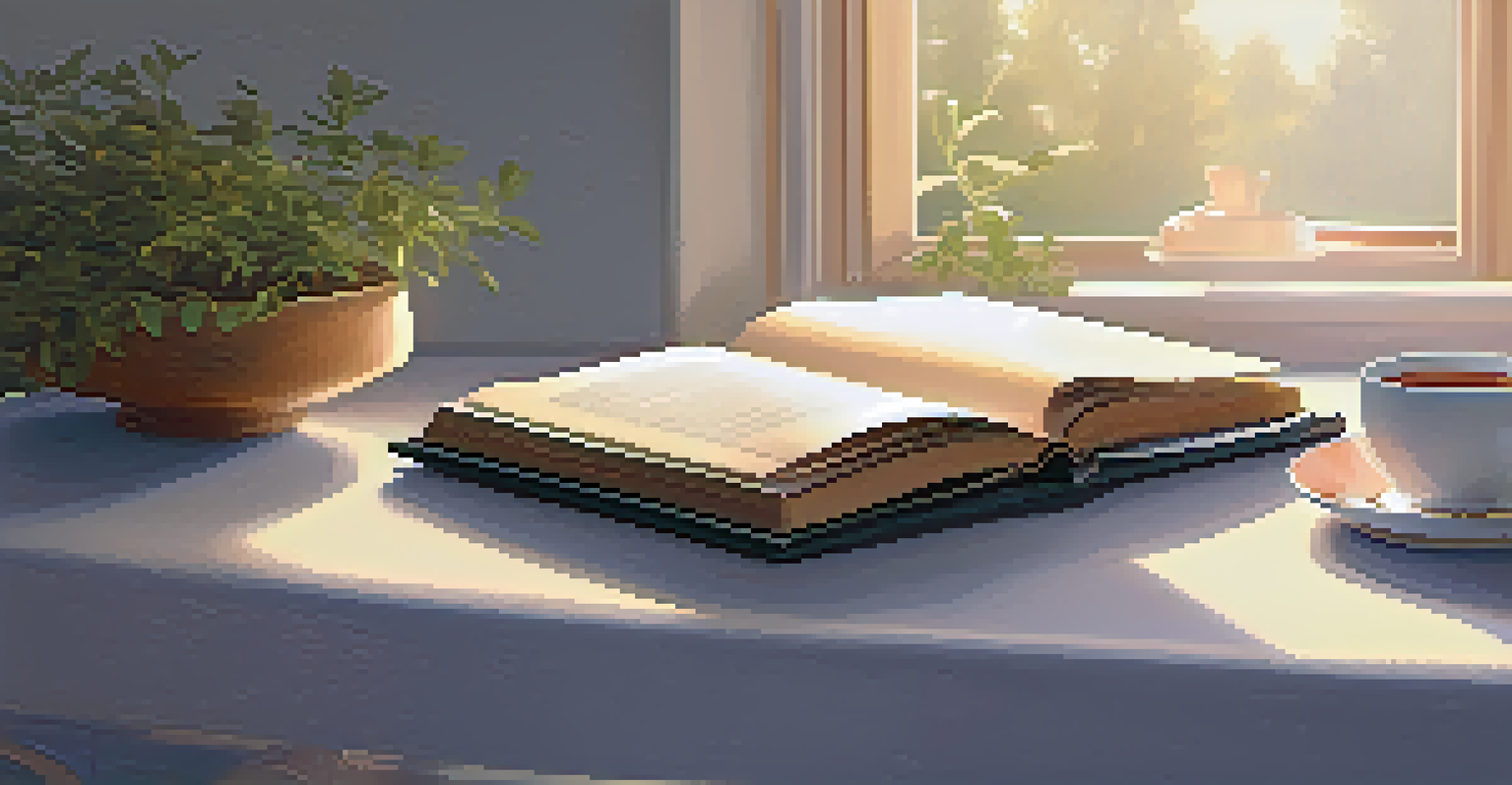 A wearable device on a bedside table next to a book and tea, in a softly lit bedroom.