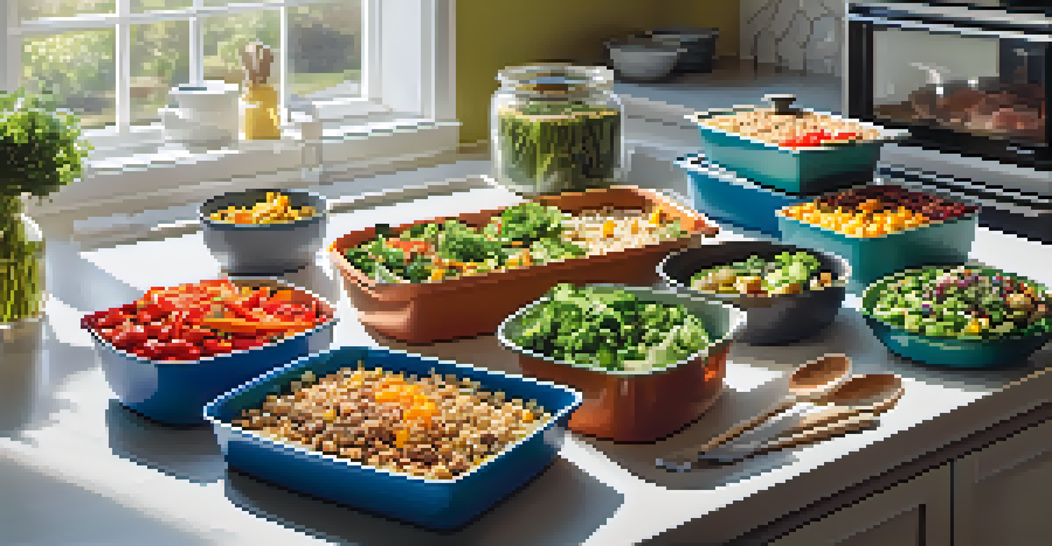 A vibrant meal prep scene with colorful containers of meals on a kitchen counter, illuminated by natural light.