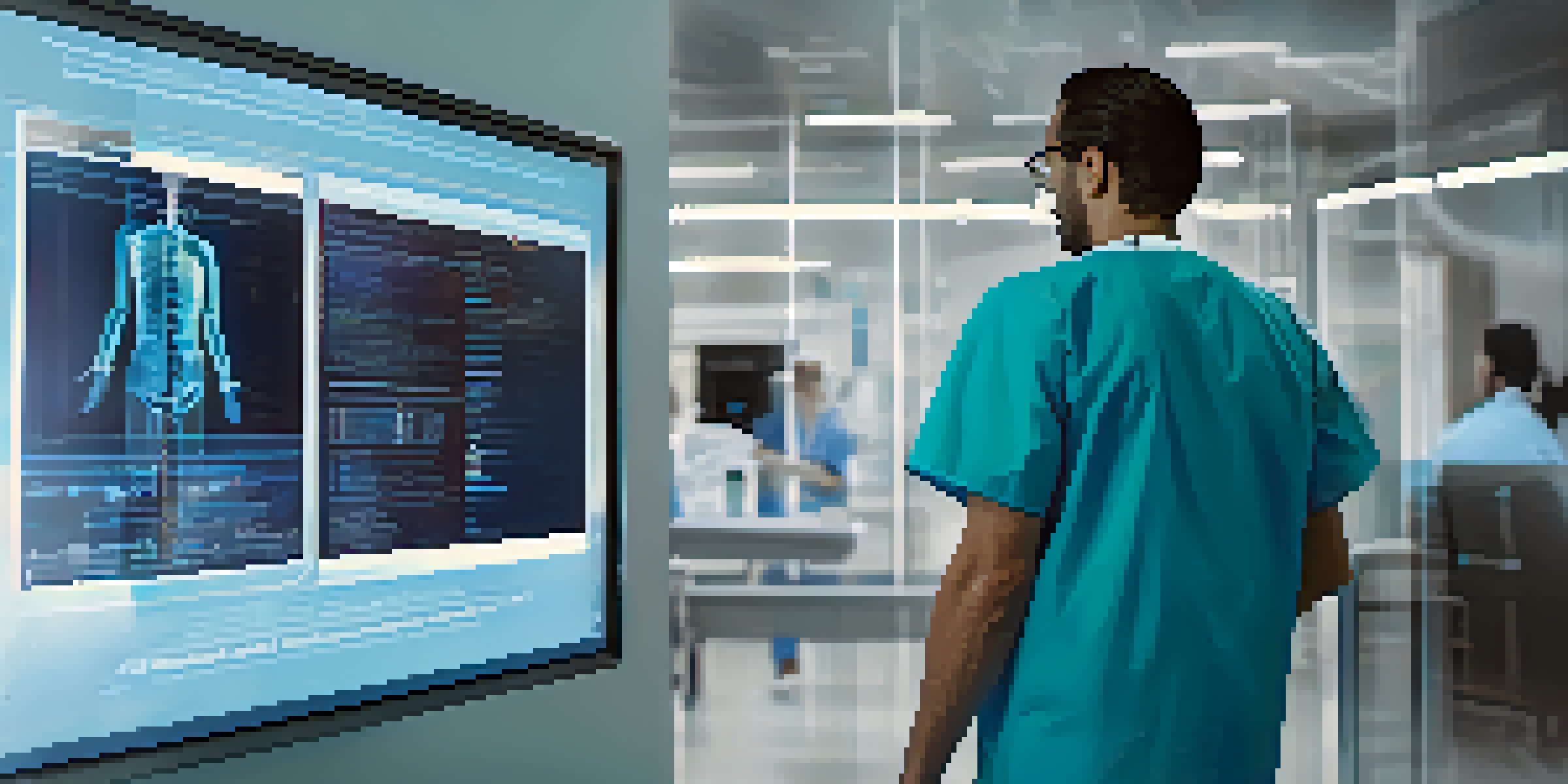 A futuristic healthcare setting with providers interacting with a holographic Electronic Health Records interface.