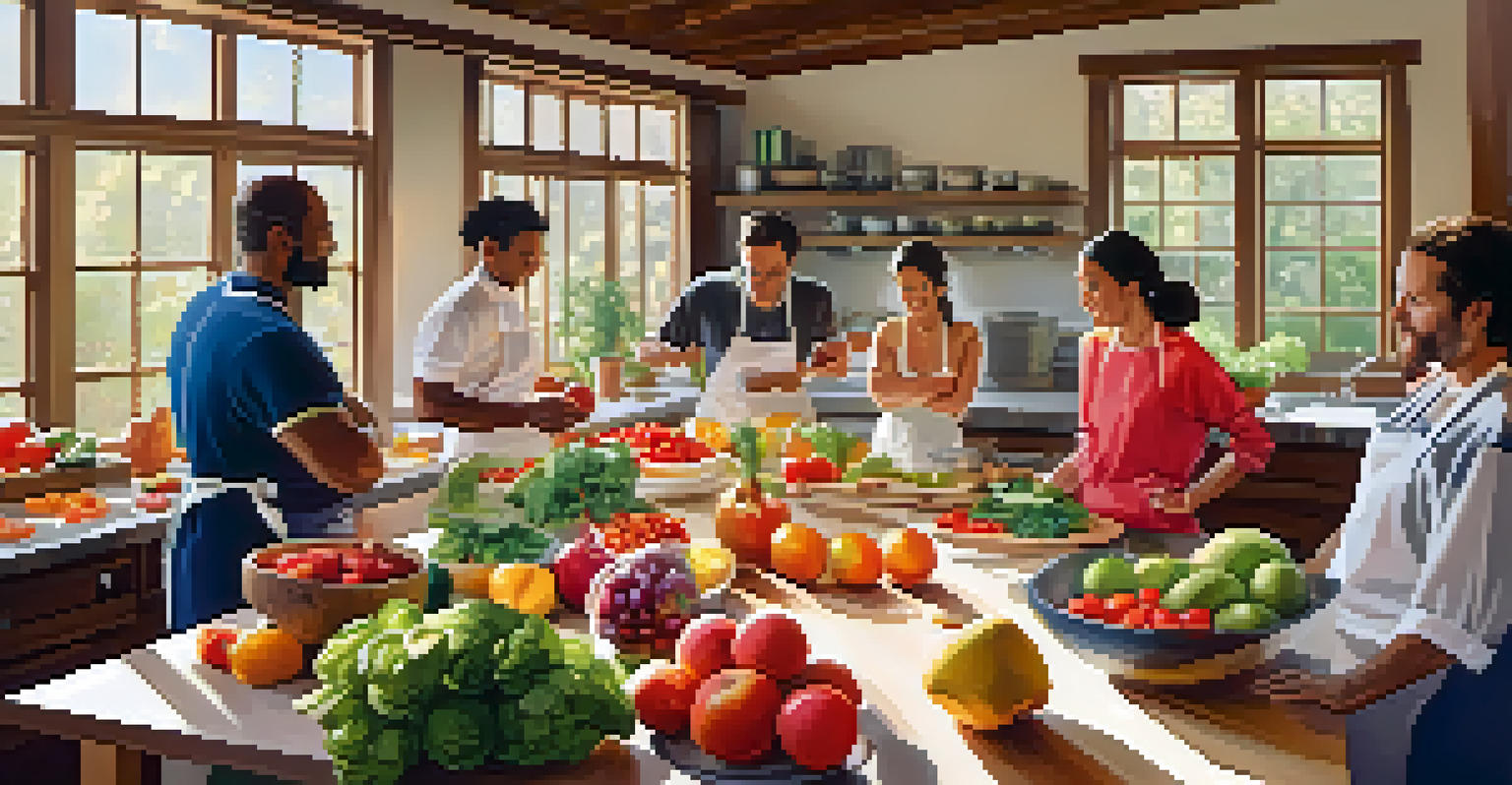 A kitchen scene with a chef demonstrating healthy cooking to participants during a nutrition workshop at a fitness retreat.