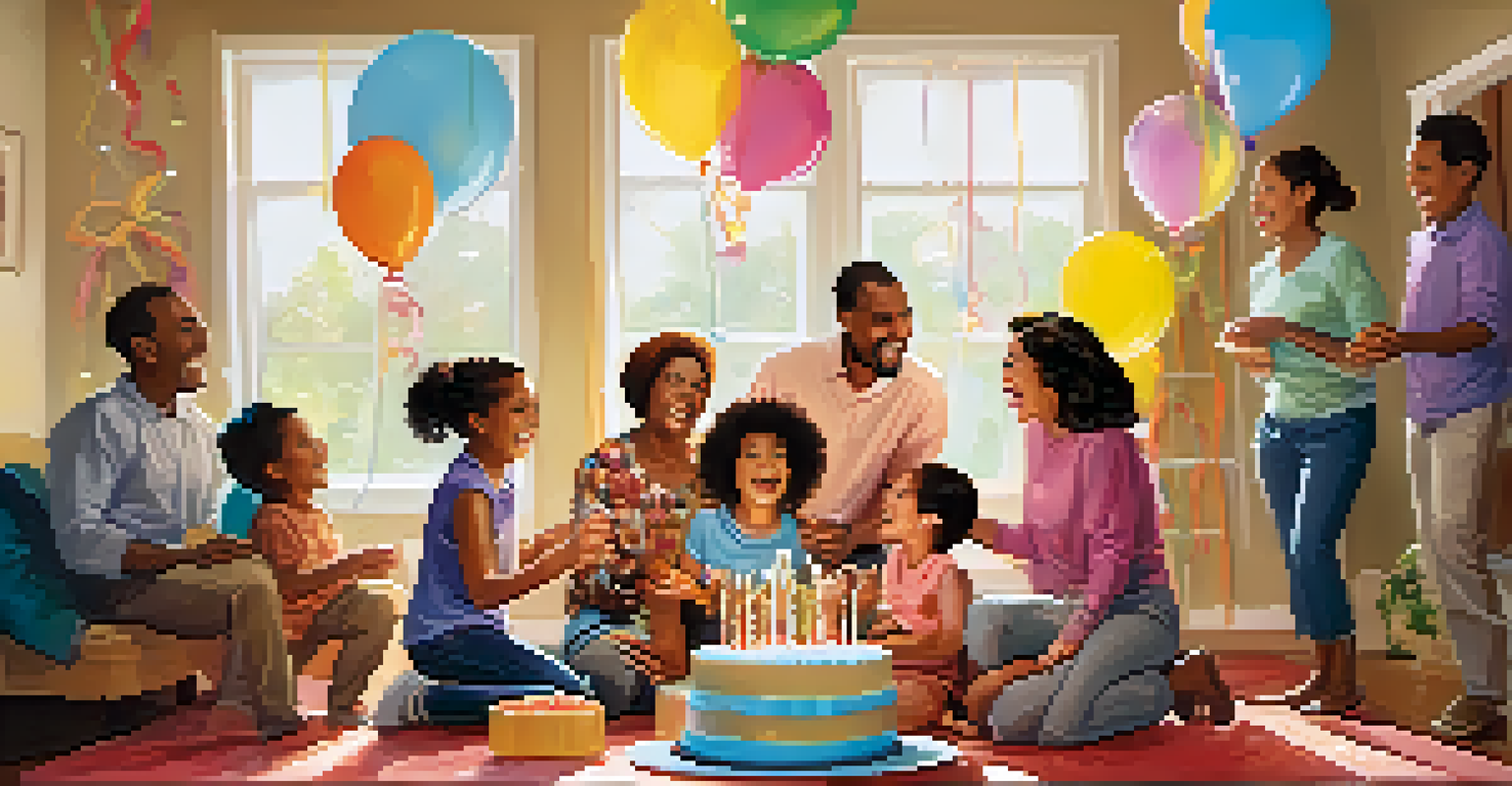 A family celebrating a birthday with balloons and a cake in a festive living room.