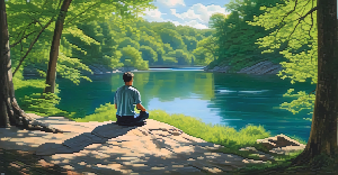 A person meditating on a rock by a peaceful lake, surrounded by green trees and a bright sky.