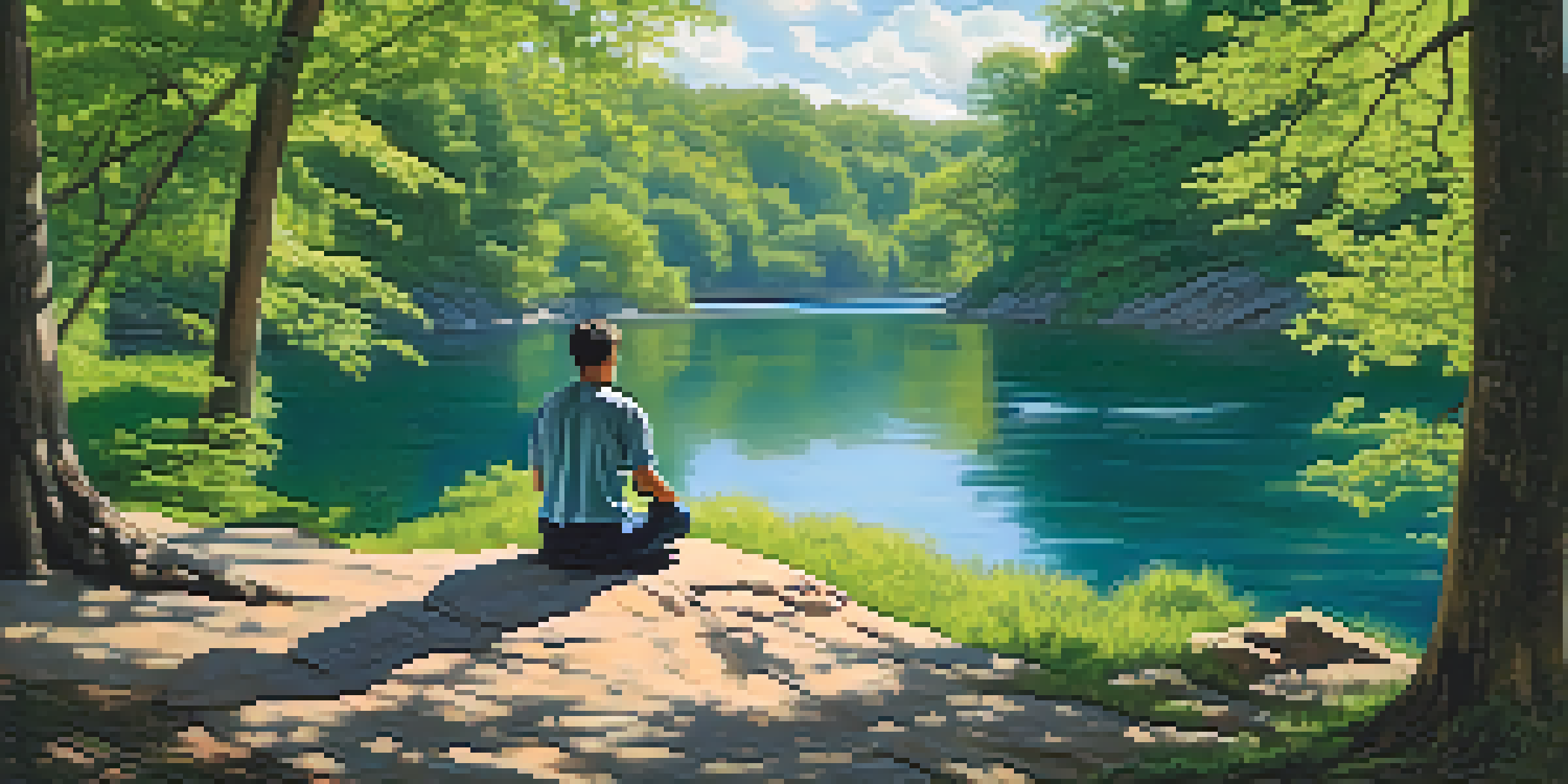 A person meditating on a rock by a peaceful lake, surrounded by green trees and a bright sky.