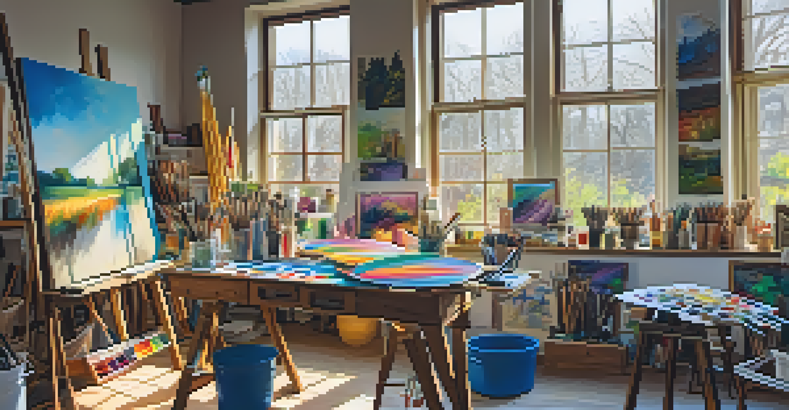 An artist immersed in painting in a colorful studio, surrounded by various art supplies and illuminated by natural light.