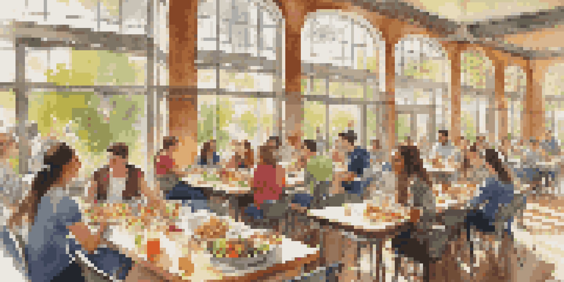 A busy college dining hall with students eating nutritious meals at a large table, surrounded by bright sunlight and fresh food.