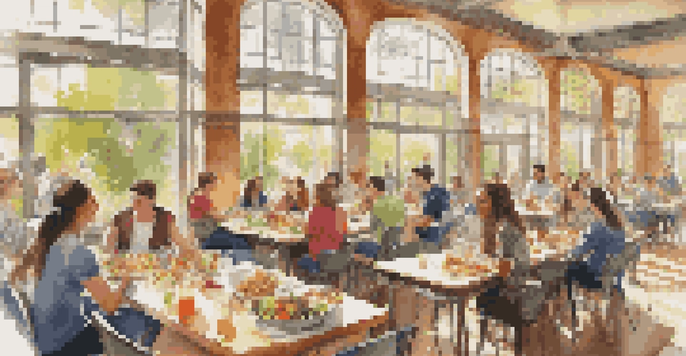 A busy college dining hall with students eating nutritious meals at a large table, surrounded by bright sunlight and fresh food.