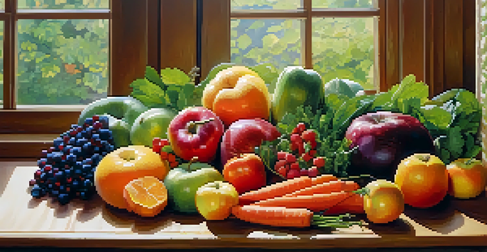 A colorful arrangement of fruits and vegetables on a wooden table, illuminated by soft natural light.