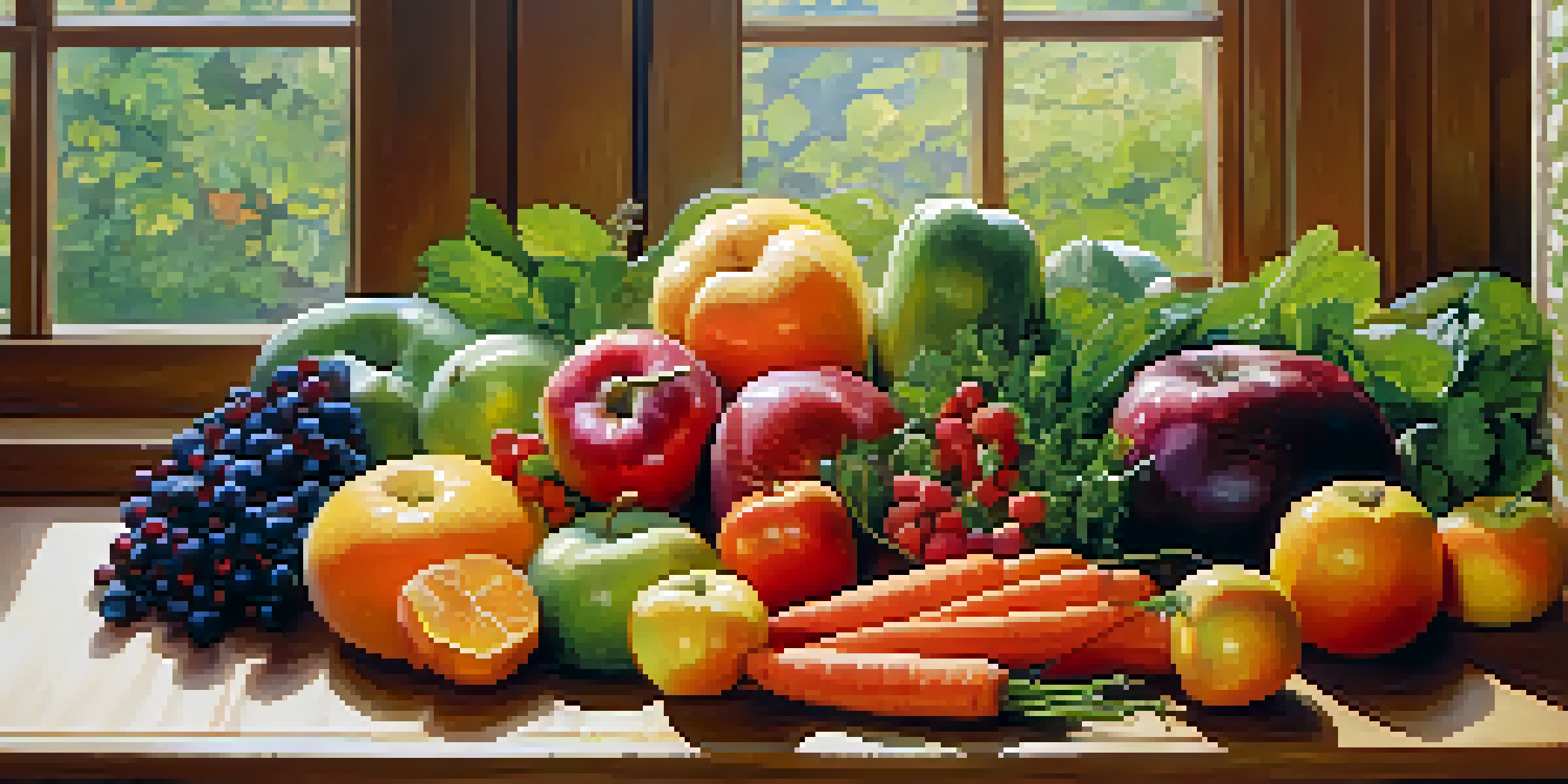 A colorful arrangement of fruits and vegetables on a wooden table, illuminated by soft natural light.