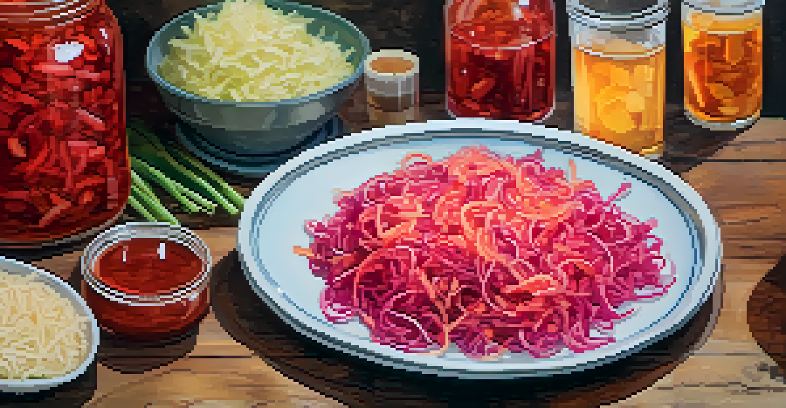 A plate with kimchi and sauerkraut next to a glass of kombucha on a rustic table.