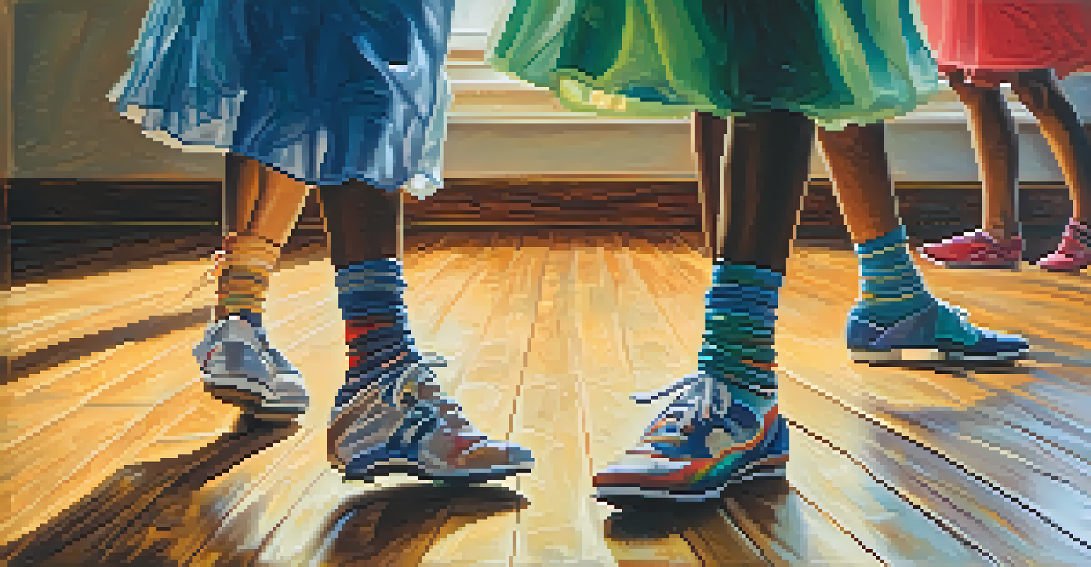 A close-up of feet in colorful dance shoes moving on a wooden floor, capturing the essence of dance therapy.