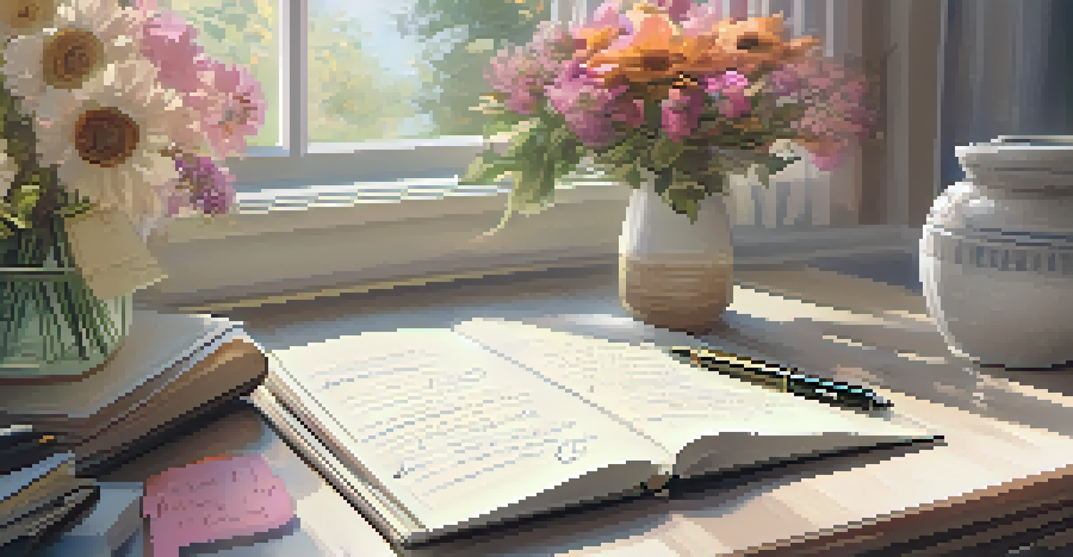 An open gratitude journal with handwritten notes and a fountain pen on a desk, surrounded by fresh flowers.