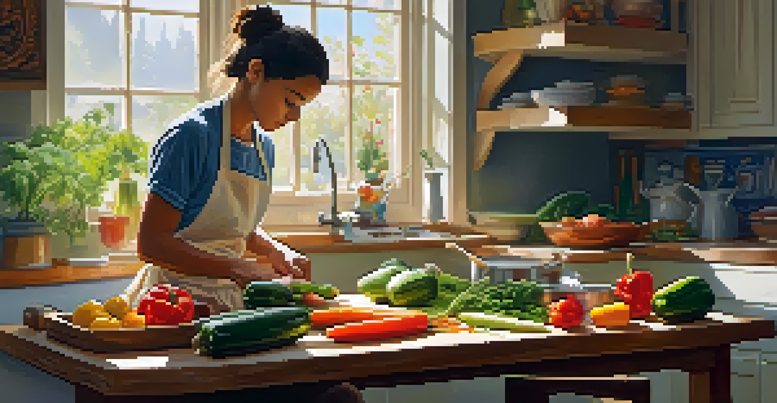 A person chopping colorful vegetables in a bright kitchen, with sunlight streaming in and a pot of soup in the background.