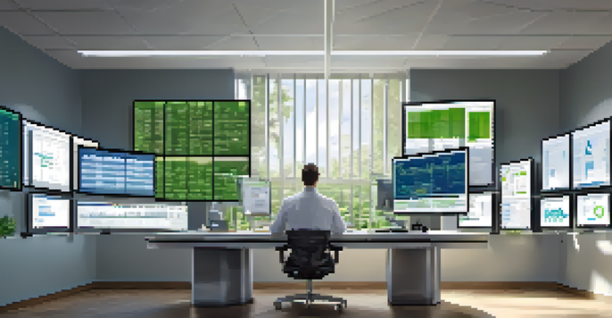 A healthcare professional at a desk with screens showing electronic health records, illuminated by natural light.