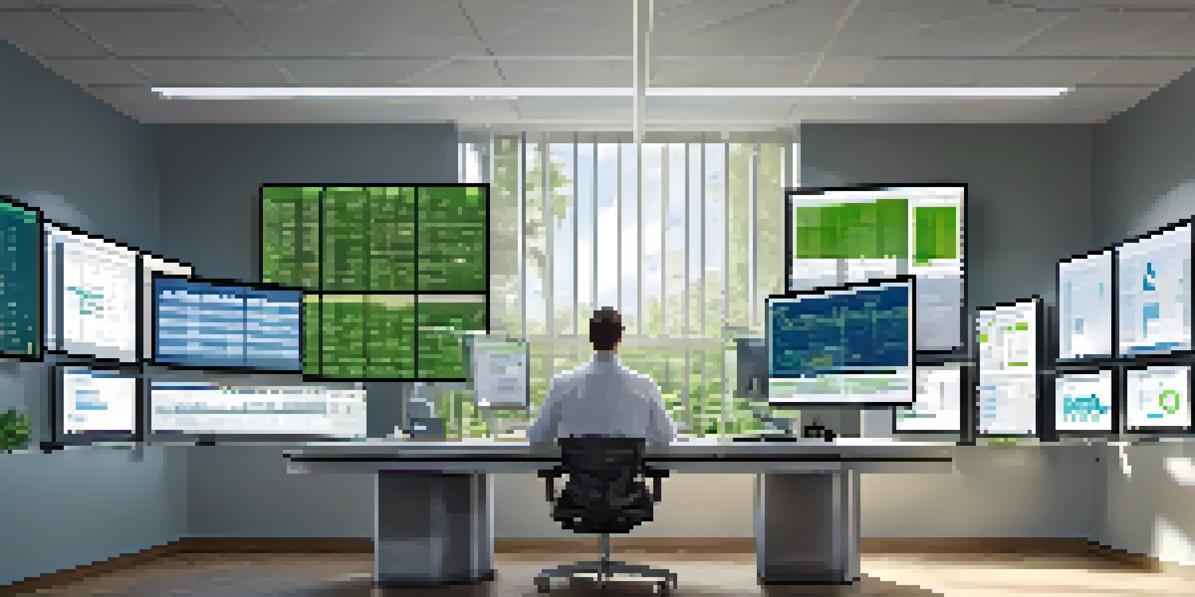 A healthcare professional at a desk with screens showing electronic health records, illuminated by natural light.