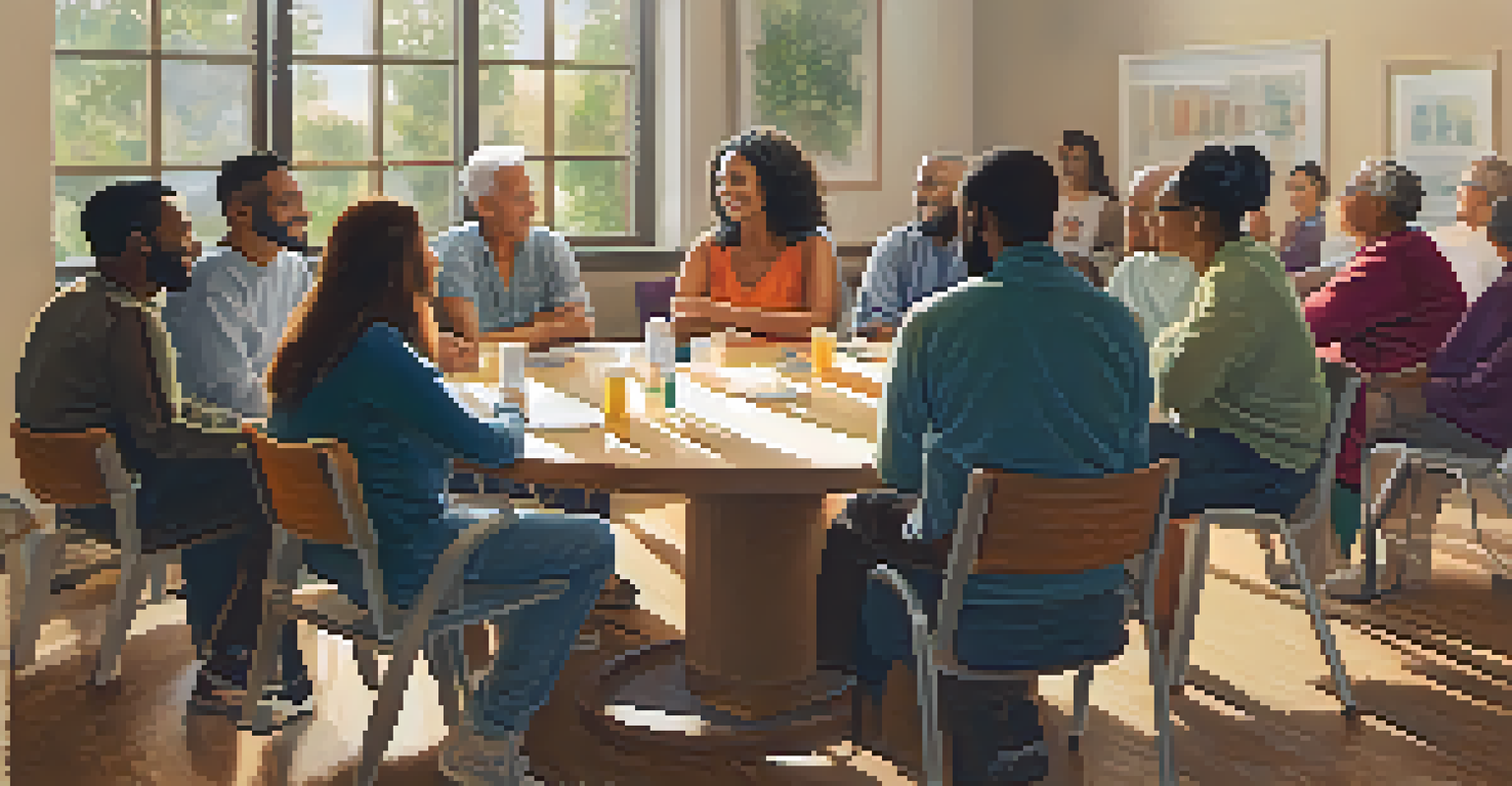 A support group meeting in a community center where participants share their experiences in a warm and inviting environment.