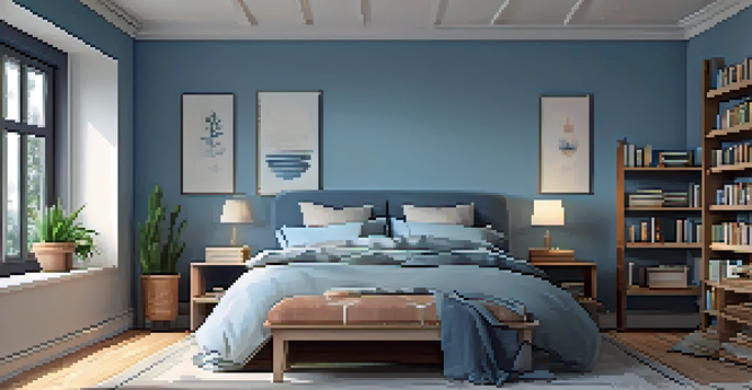 A serene bedroom with soft lighting, a cozy bed, and a calming atmosphere.