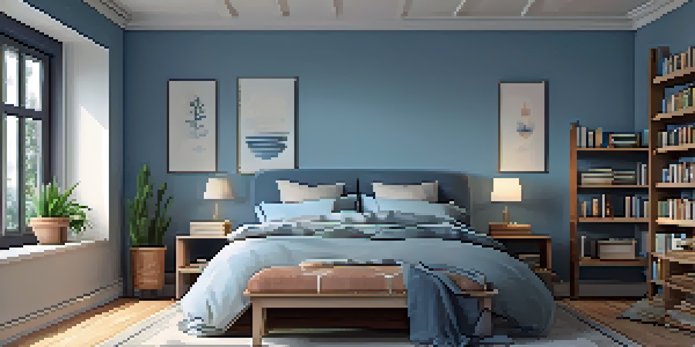 A serene bedroom with soft lighting, a cozy bed, and a calming atmosphere.