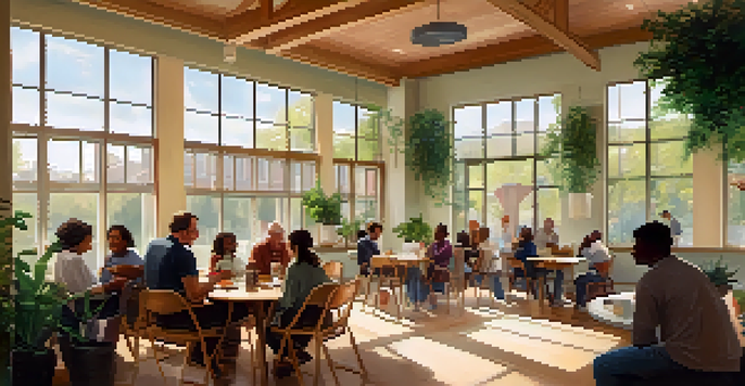 A diverse group of individuals sitting in a circle inside a bright community center, sharing experiences and providing support to one another.