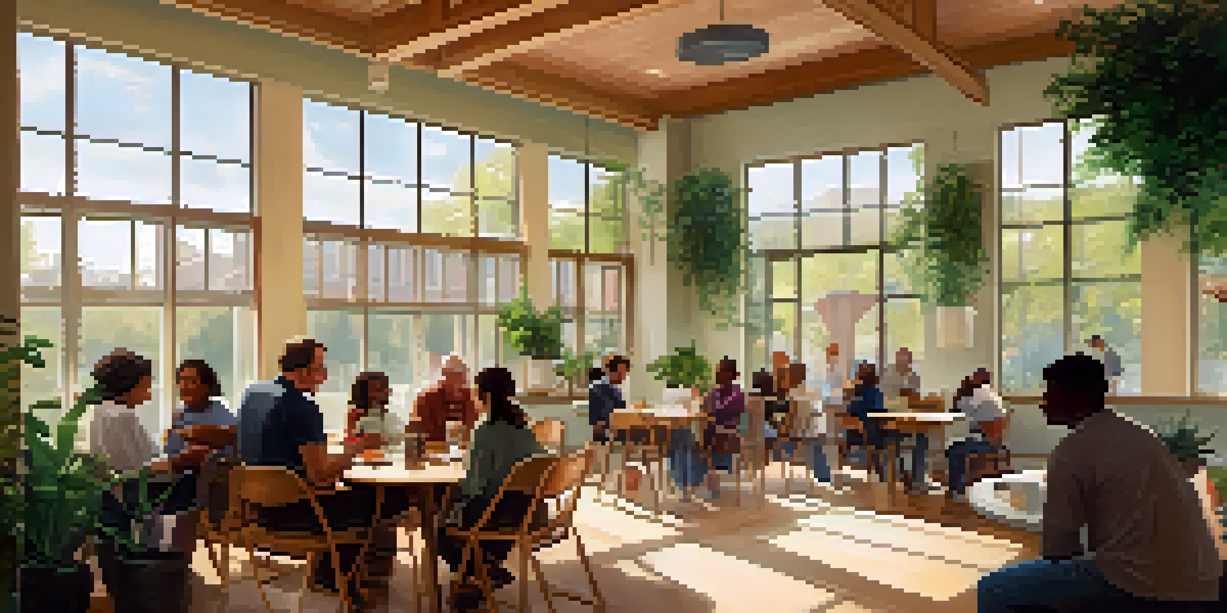 A diverse group of individuals sitting in a circle inside a bright community center, sharing experiences and providing support to one another.