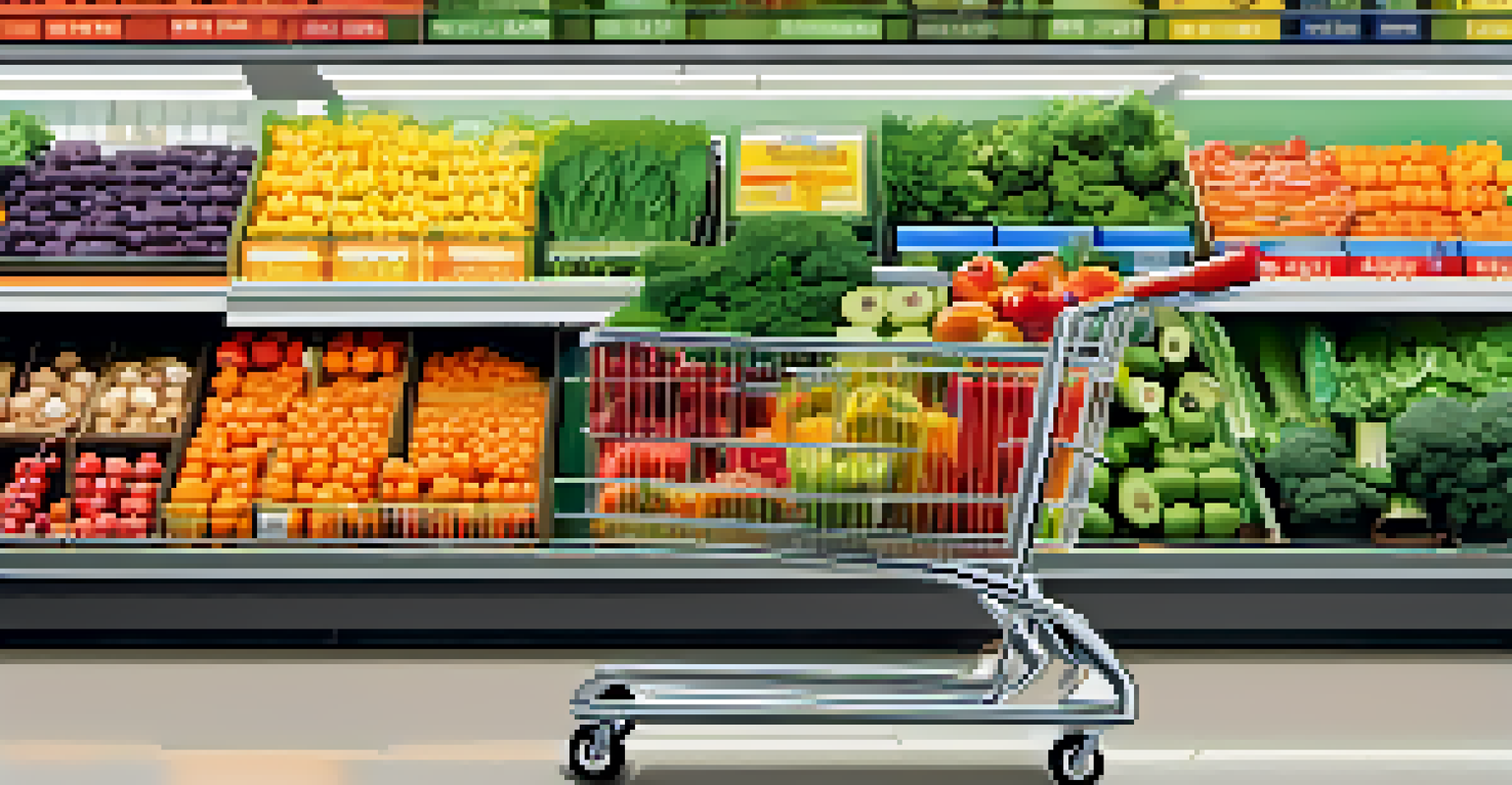 A grocery cart filled with a variety of fresh fruits and vegetables in a supermarket aisle.