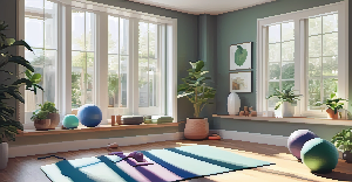 A bright and welcoming home workout space with a yoga mat and exercise equipment, surrounded by natural light and plants.