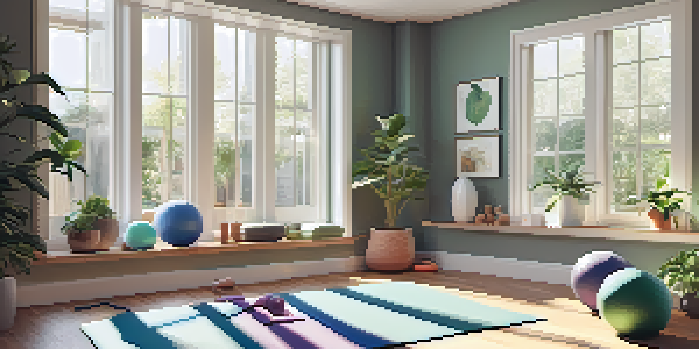 A bright and welcoming home workout space with a yoga mat and exercise equipment, surrounded by natural light and plants.