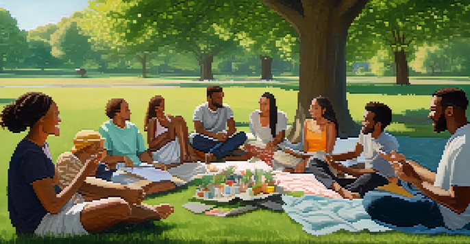 A diverse group of individuals sitting in a circle on blankets in a sunny park, discussing mental health openly, surrounded by nature.