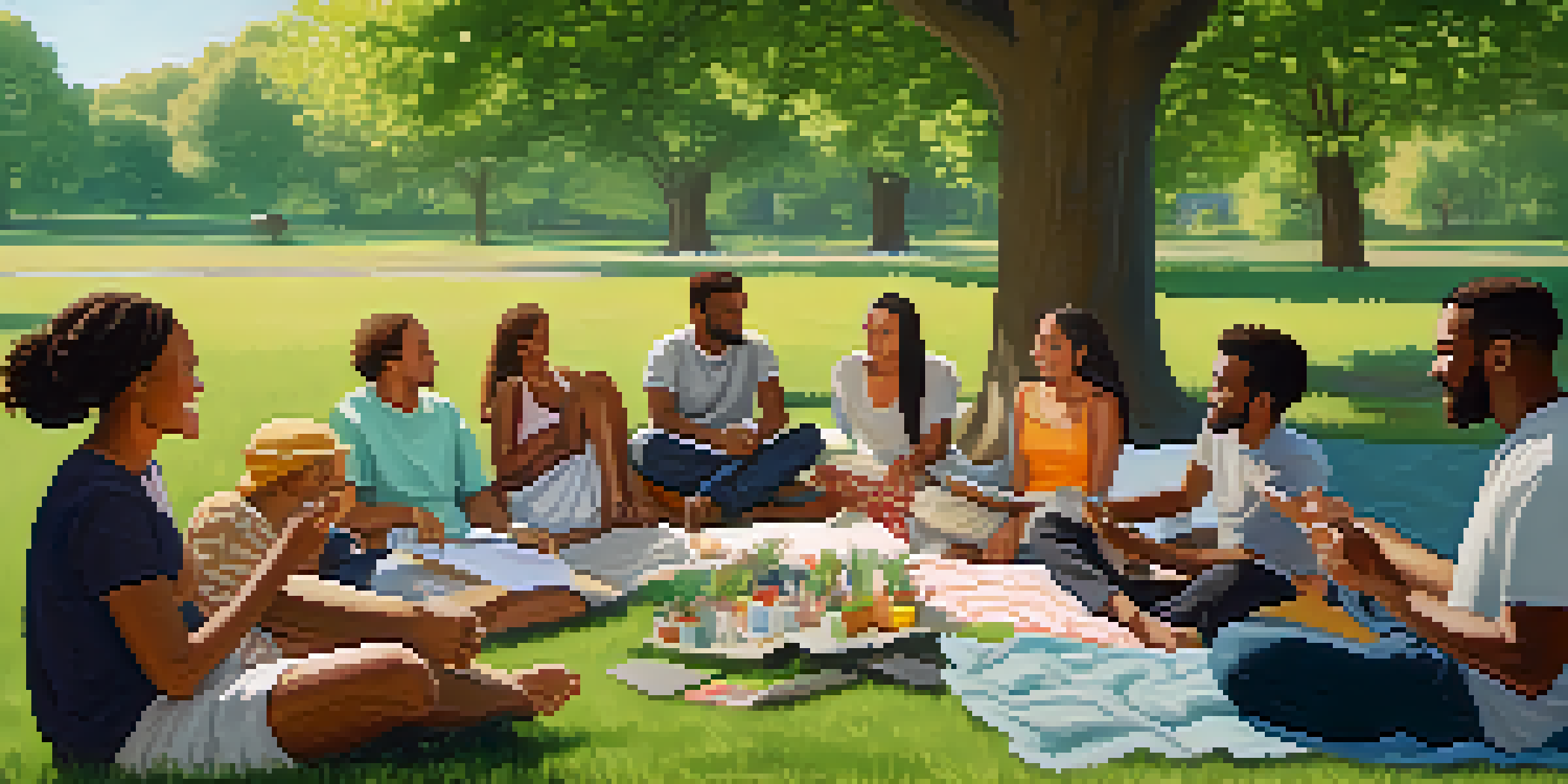 A diverse group of individuals sitting in a circle on blankets in a sunny park, discussing mental health openly, surrounded by nature.
