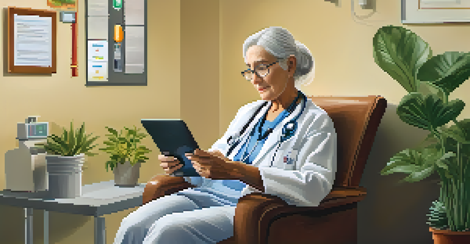 An elderly patient using a tablet to access their health records in a cozy doctor's office.