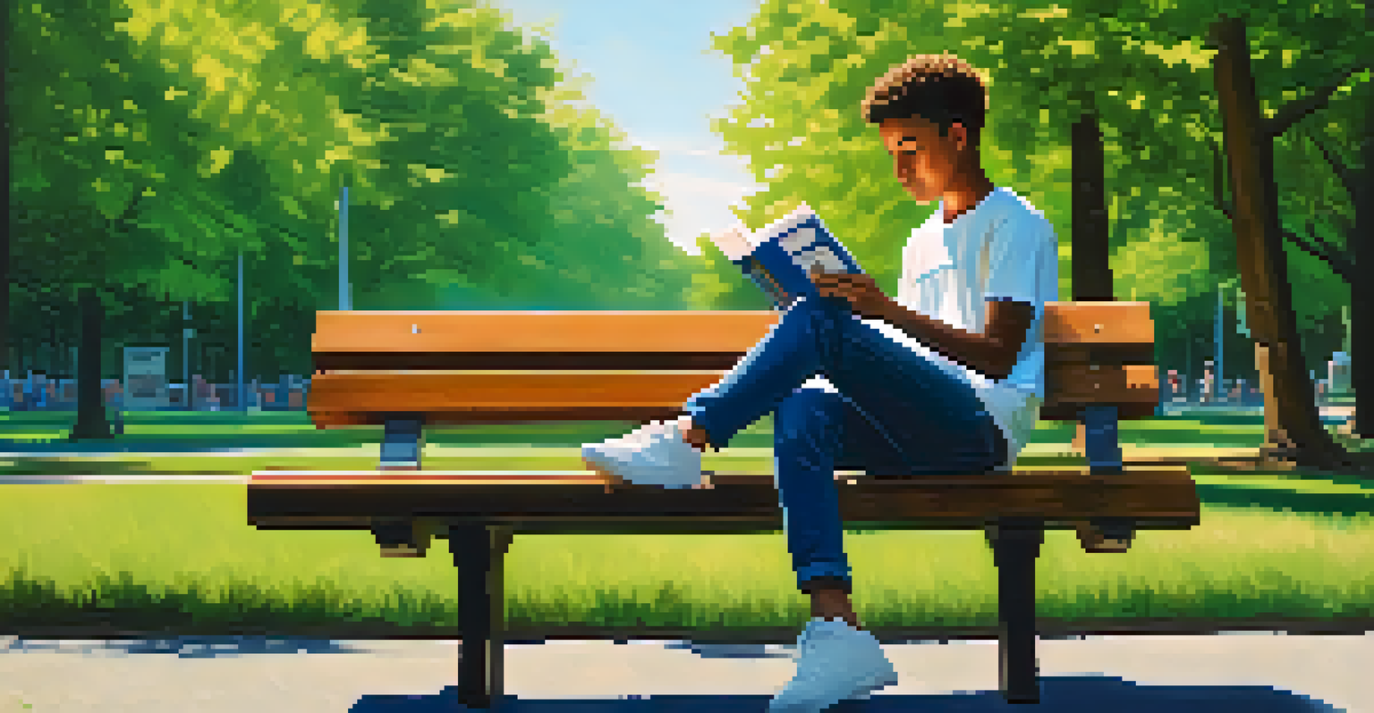 A teenager sitting on a park bench, enjoying a moment away from social media while reading a book.