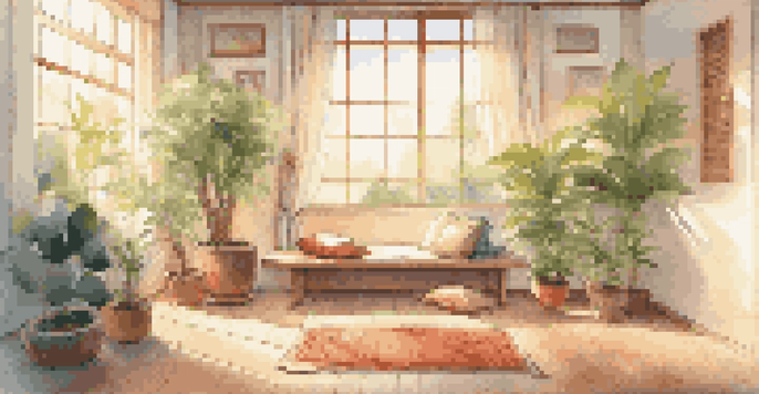 A tranquil meditation space with a cushion, plants, and soft lighting, perfect for relaxation and mindfulness.