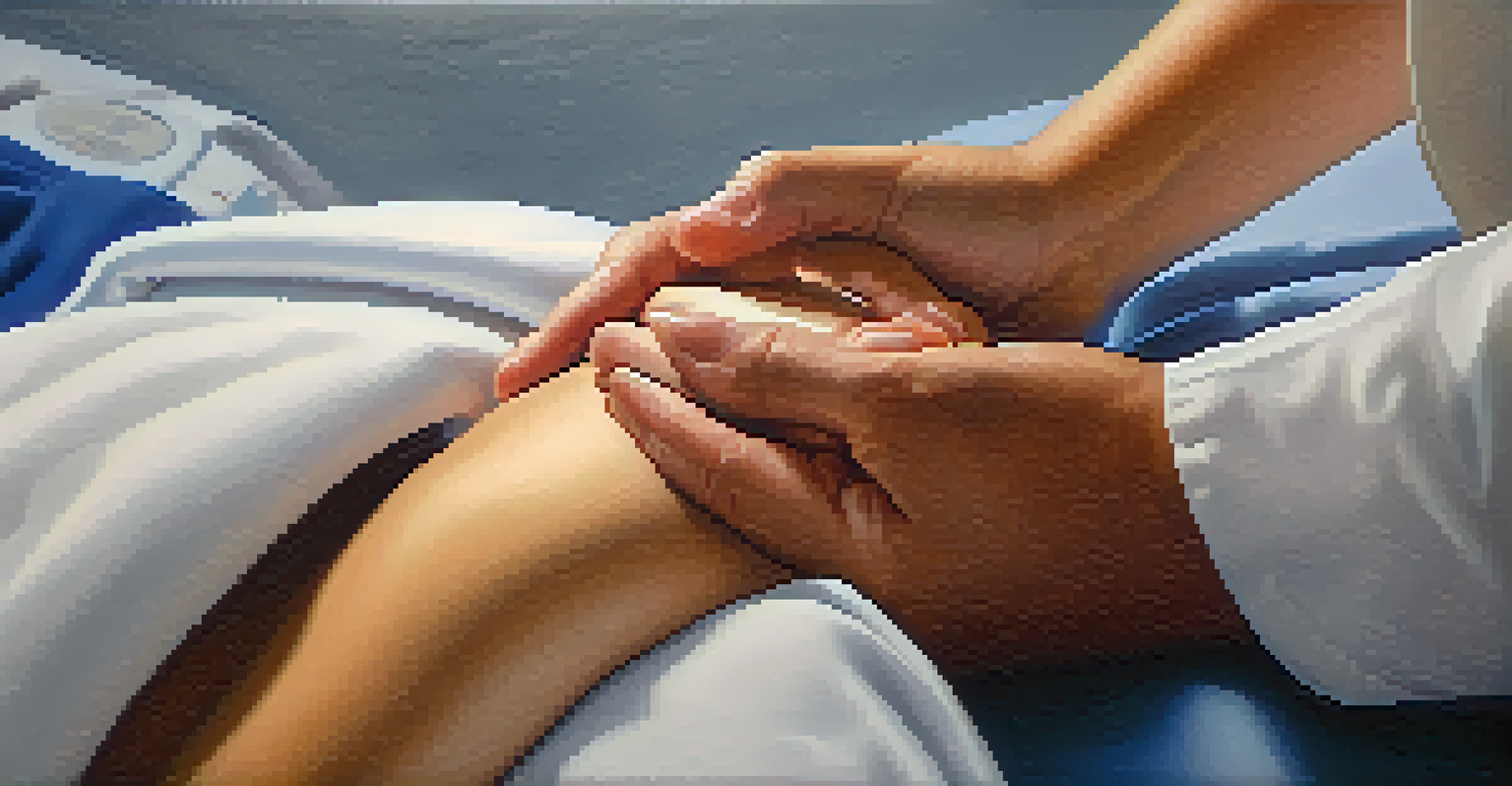 A nurse holding a patient's hand, symbolizing comfort and empathy in a healthcare setting.