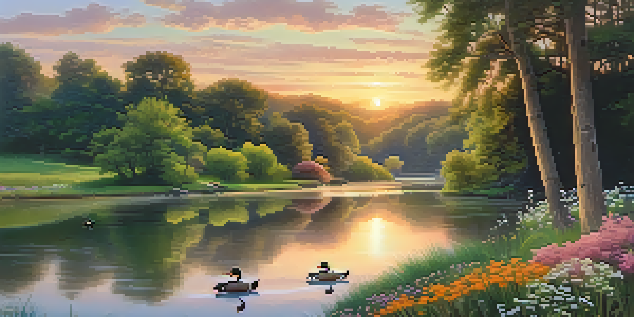 A peaceful landscape at sunset with a river, green trees, and ducks, surrounded by colorful wildflowers.