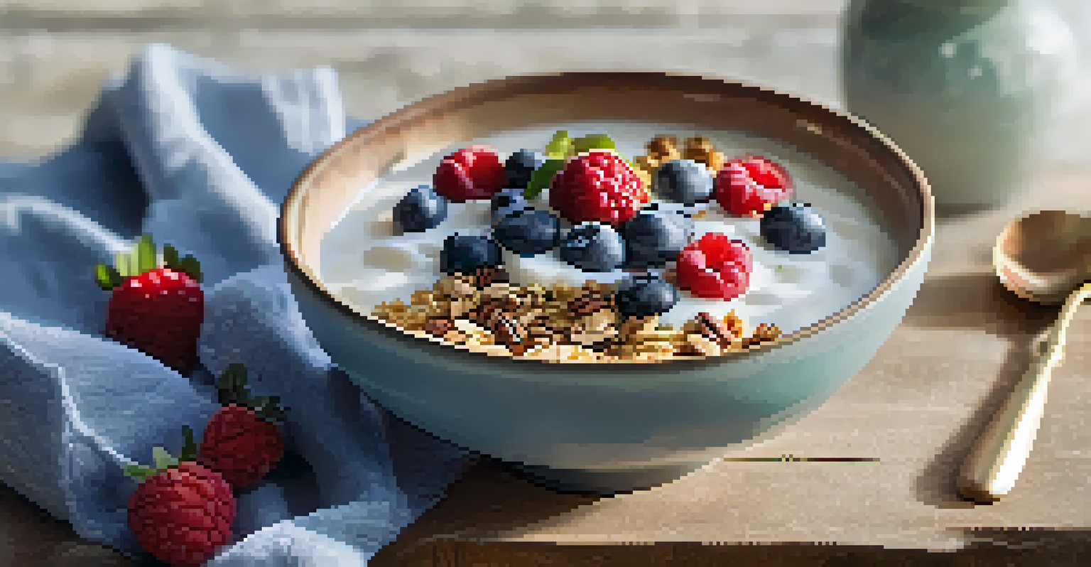 A bowl of yogurt with granola and berries on a rustic table, accompanied by a vase of wildflowers.