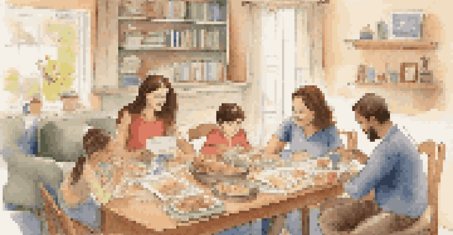 Family members learning about food allergies together around a table filled with books and charts.