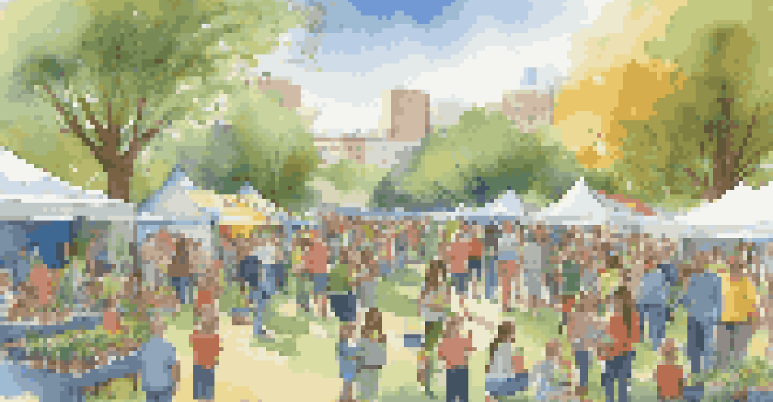 A festive Earth Day celebration with families planting trees and educational booths, decorated with colorful banners under a blue sky.
