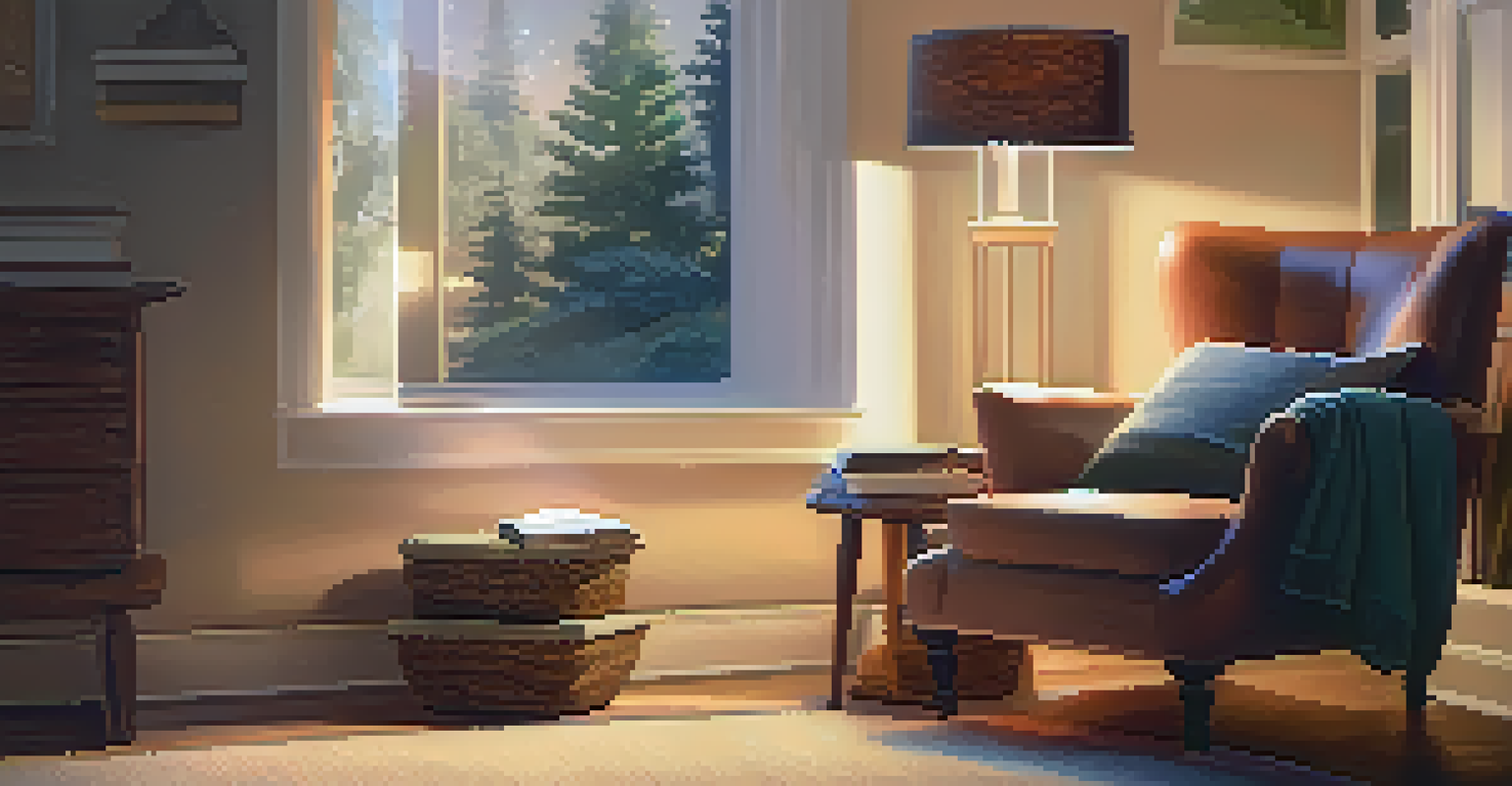 A comfortable reading area in a bedroom with an armchair, cup of tea, and books, promoting relaxation.