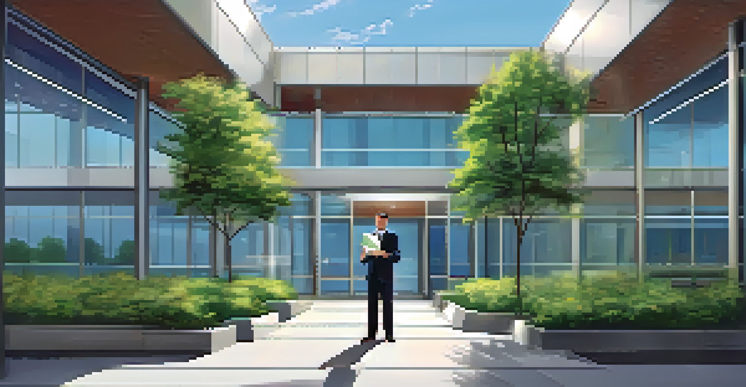 A person outside a modern office building holding a job offer letter, smiling with confidence.