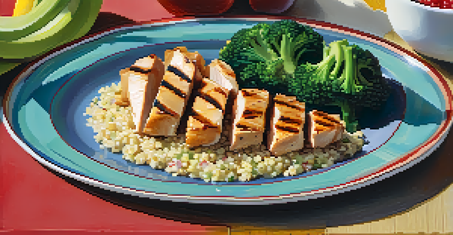 A healthy meal for young athletes featuring grilled chicken, quinoa, and steamed broccoli on a colorful plate.
