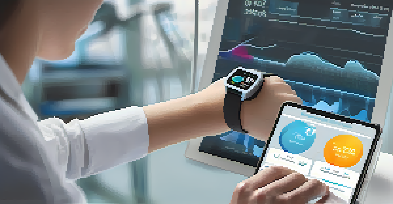 A smartwatch showing health data with a healthcare professional in the background reviewing patient information.
