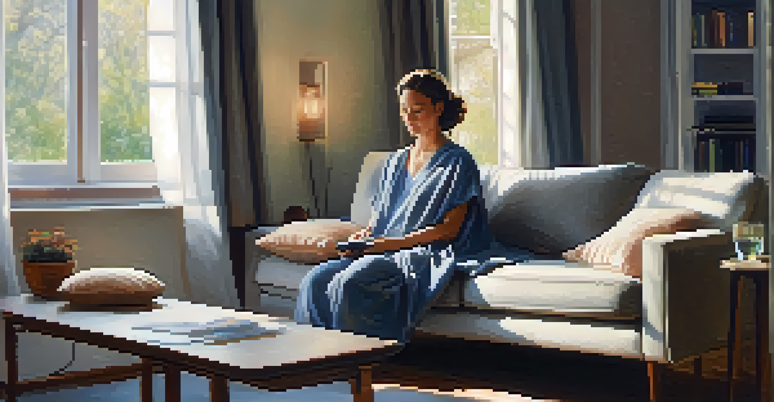 A person using a TENS unit on a couch, looking relaxed in a softly lit room.