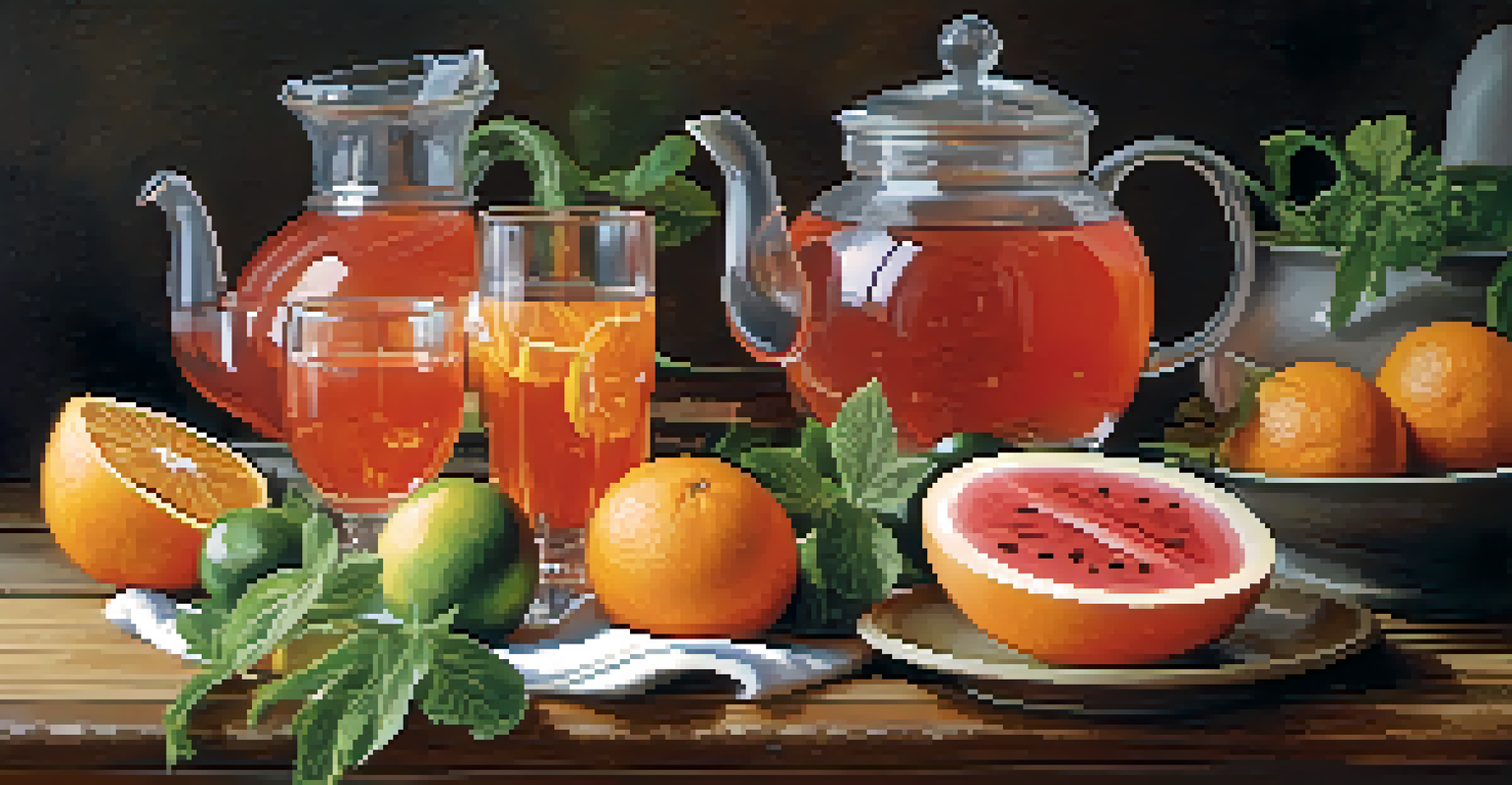 A colorful display of hydrating foods including watermelon and oranges next to a bowl of herbal tea on a wooden table.