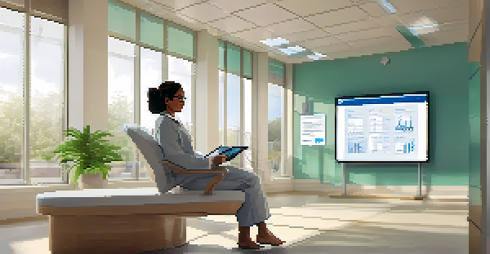 A middle-aged woman accessing her health information on a digital tablet in a bright, modern healthcare setting.