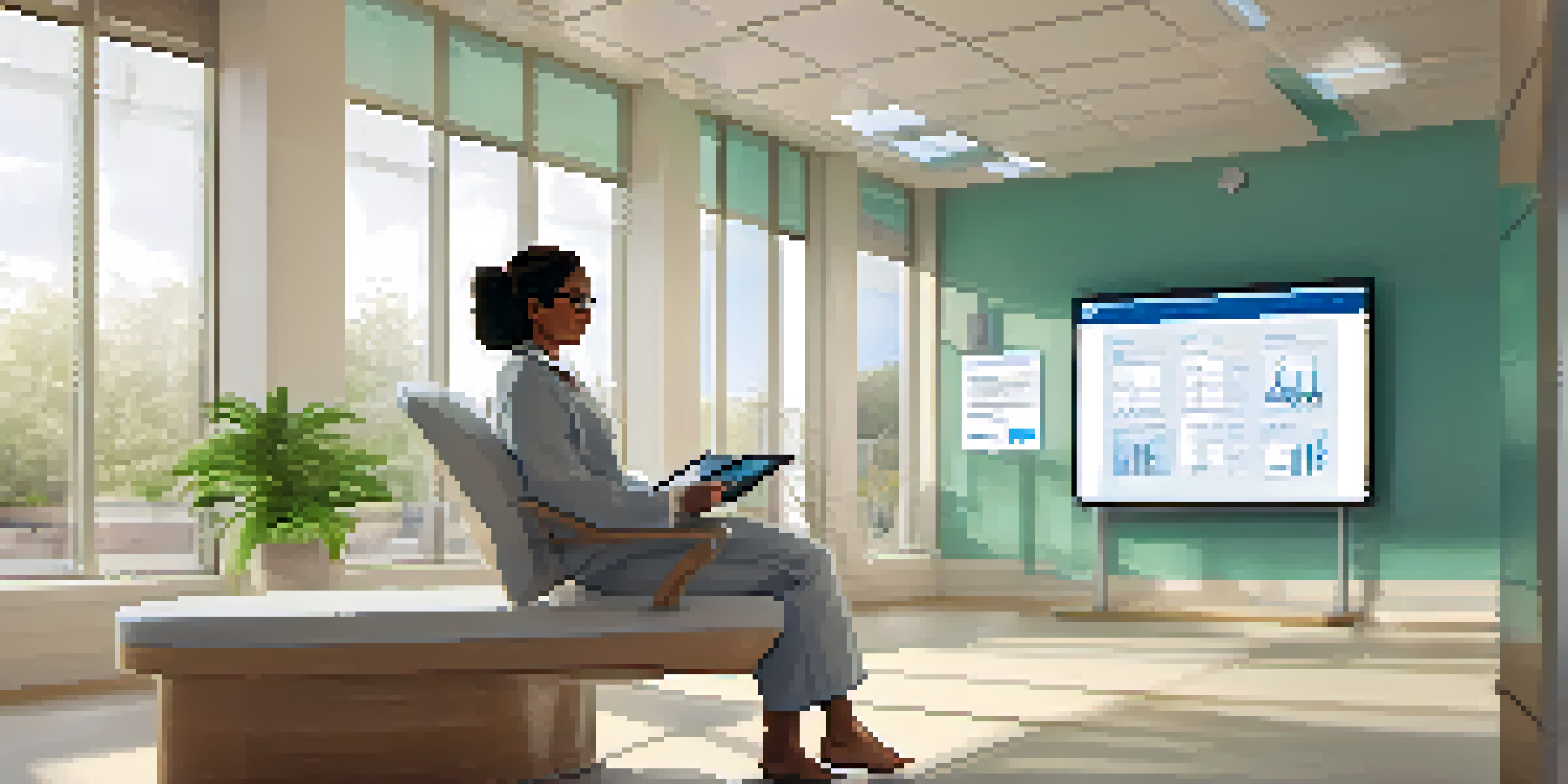 A middle-aged woman accessing her health information on a digital tablet in a bright, modern healthcare setting.