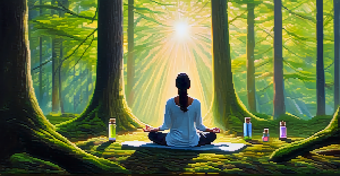 A person meditating in a peaceful forest, surrounded by colorful essential oil bottles and sunlight filtering through the trees.