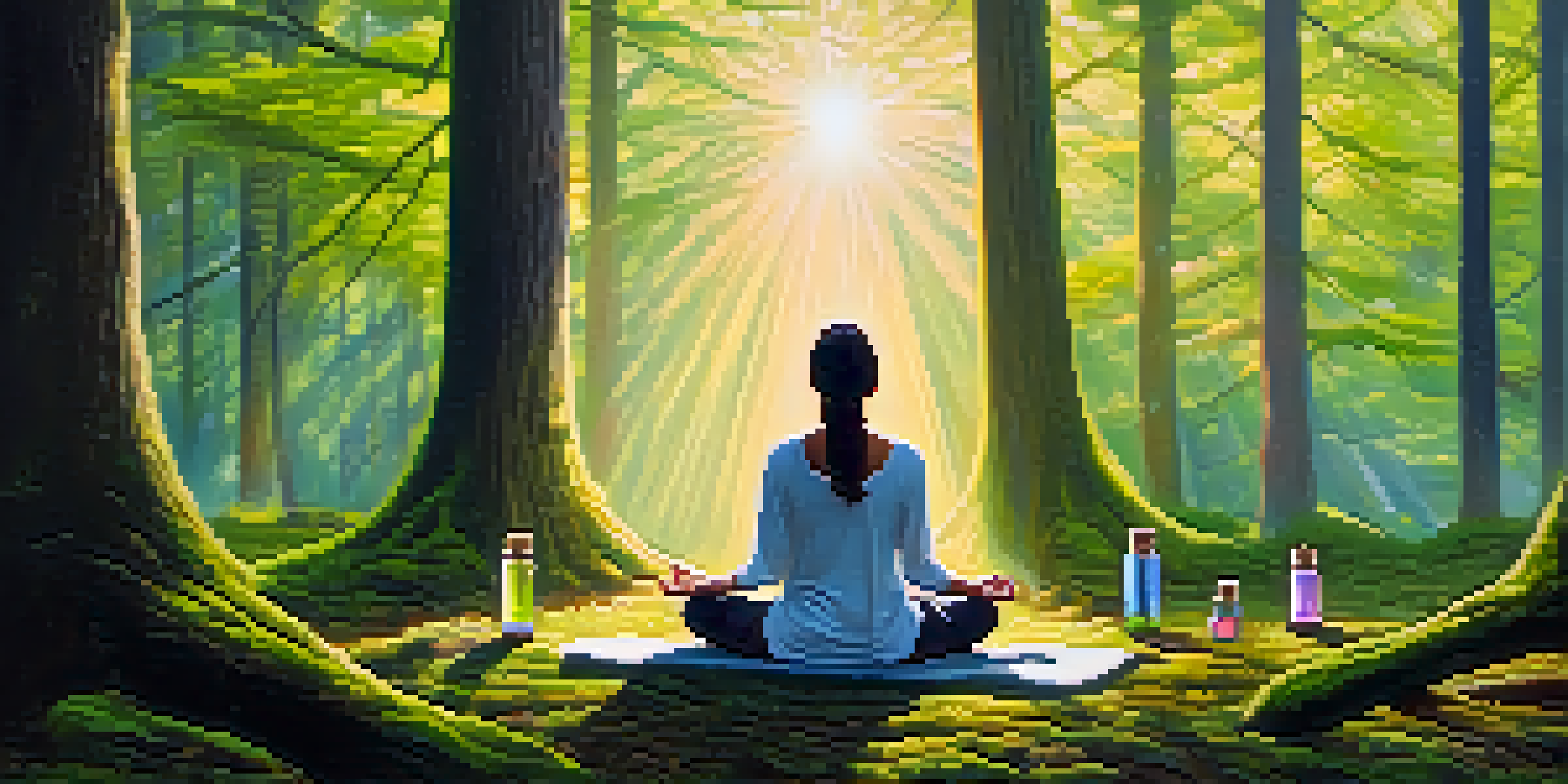 A person meditating in a peaceful forest, surrounded by colorful essential oil bottles and sunlight filtering through the trees.