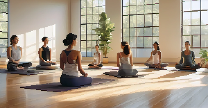 A peaceful yoga class in a bright studio with students performing poses, surrounded by natural light and greenery.