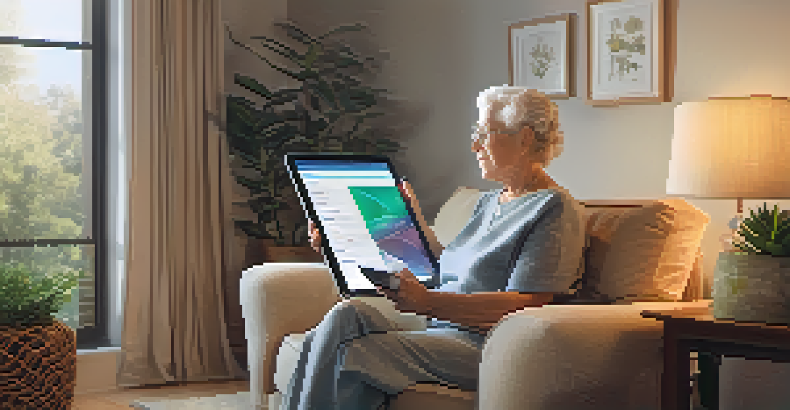 An older adult accessing their health information on a tablet in a warm living room.