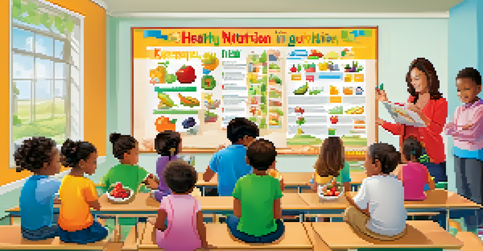 A classroom scene with children learning about nutrition, a teacher showing a food pyramid chart.